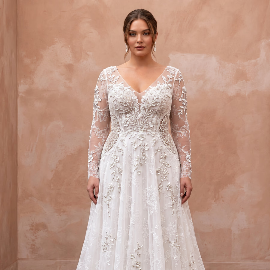Plus Size Soft White Lace Overlay Chiffon A-Line Bridal Gown