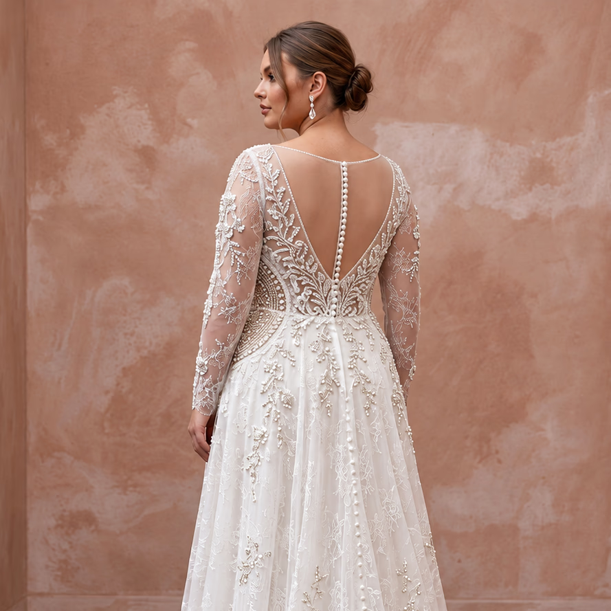 Plus Size Soft White Lace Overlay Chiffon A-Line Bridal Gown