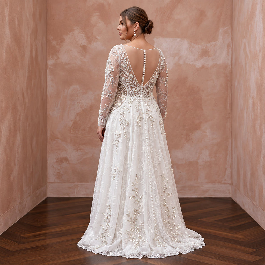 Plus Size Soft White Lace Overlay Chiffon A-Line Bridal Gown