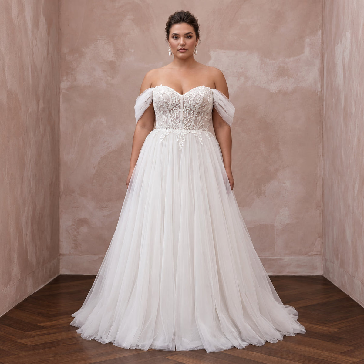 Plus Size Soft White Tulle A-Line Gown with Detachable Off-the-Shoulder Sleeves Main image