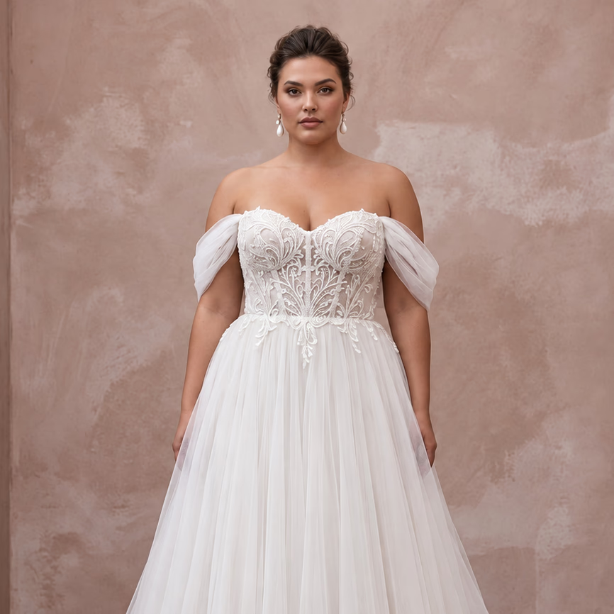 Plus Size Soft White Tulle A-Line Gown with Detachable Off-the-Shoulder Sleeves