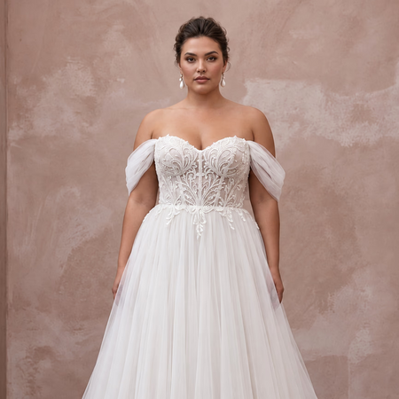 Plus Size Soft White Tulle A-Line Gown with Detachable Off-the-Shoulder Sleeves