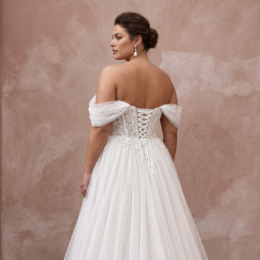 Plus Size Soft White Tulle A-Line Gown with Detachable Off-the-Shoulder Sleeves