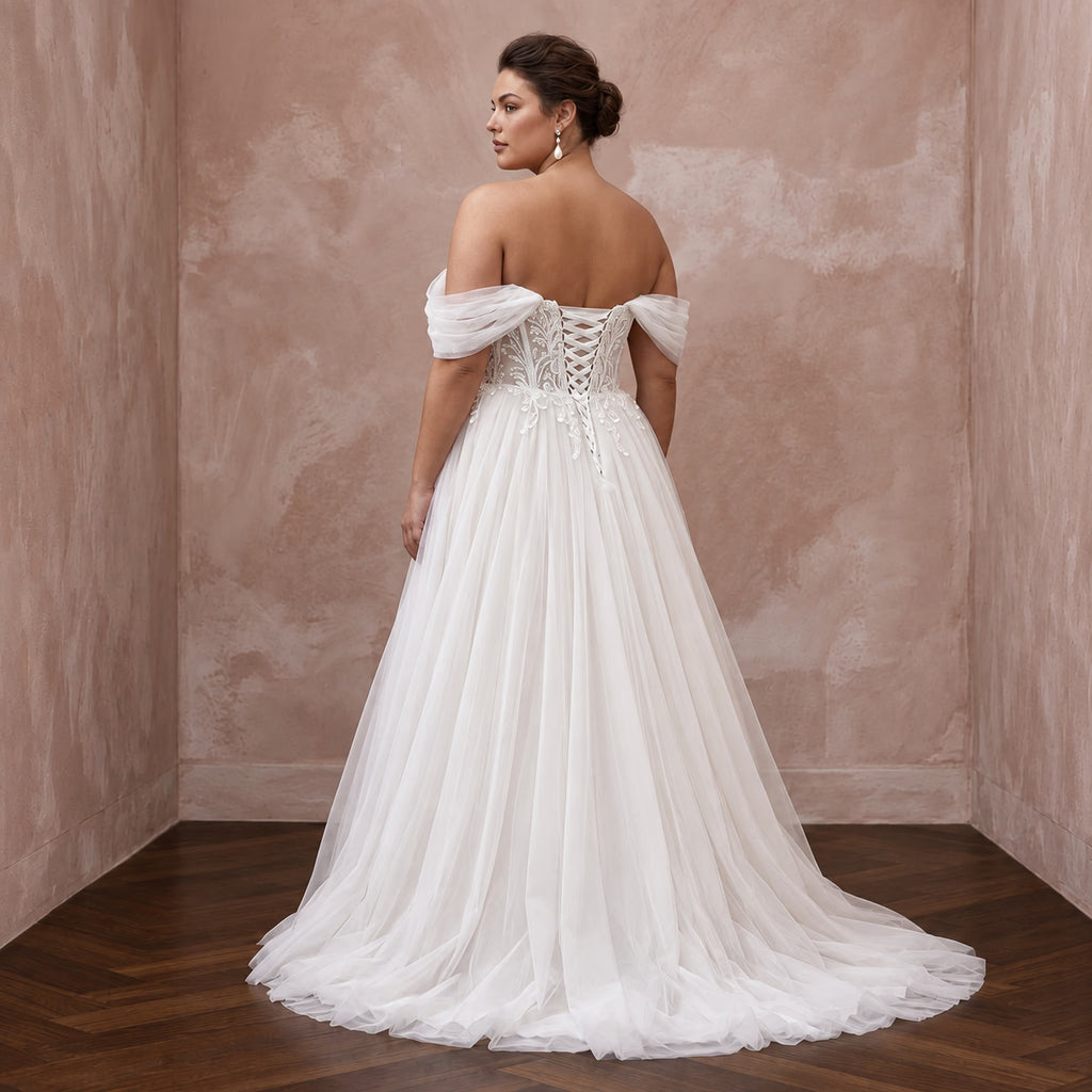 Plus Size Soft White Tulle A-Line Gown with Detachable Off-the-Shoulder Sleeves