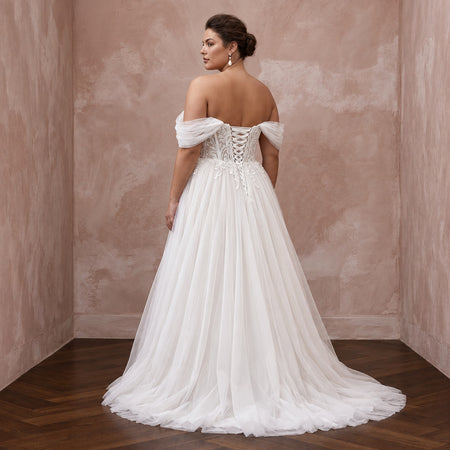 Plus Size Soft White Tulle A-Line Gown with Detachable Off-the-Shoulder Sleeves