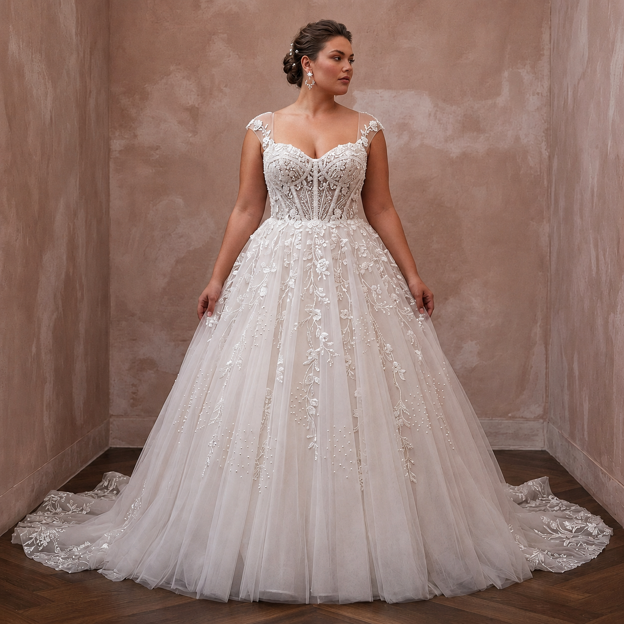 Plus Size Tulle Ball Gown Wedding Dress with Corset Bodice