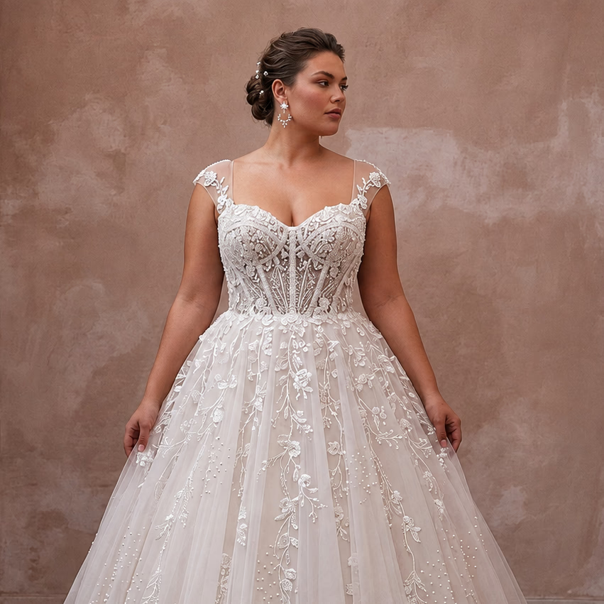Plus Size Tulle Ball Gown Wedding Dress with Corset Bodice - Apparel & Accessories > Clothing > Wedding & Bridal Party Dresses > Wedding Dresses - Mignonette Bridal