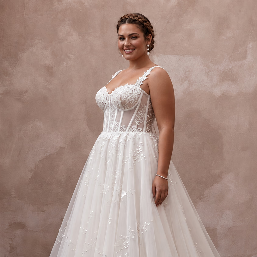 Plus Size Tulle Ball Gown Wedding Dress with Corset Bodice