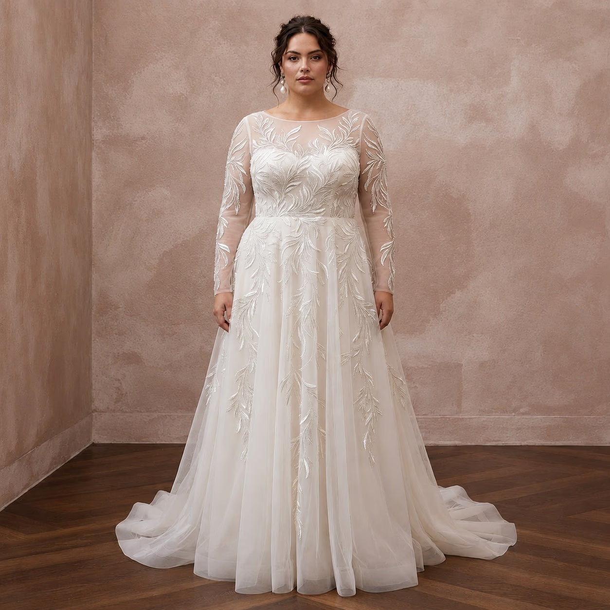 Plus Size Tulle Wedding Dress with Long Sleeves and A-Line Silhouette