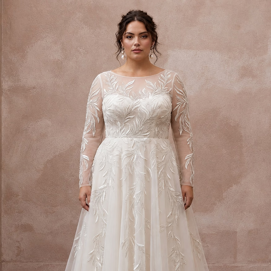 Plus Size Tulle Wedding Dress with Long Sleeves and A-Line Silhouette