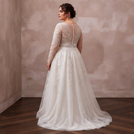 Plus Size Tulle Wedding Dress with Long Sleeves and A-Line Silhouette