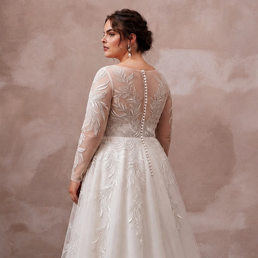 Plus Size Tulle Wedding Dress with Long Sleeves and A-Line Silhouette