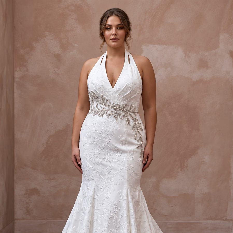 Plus Size White Floral Jacquard V - Neck Trumpet Wedding Gown - Apparel & Accessories > Clothing > Wedding & Bridal Party Dresses > Wedding Dresses - Mignonette Bridal