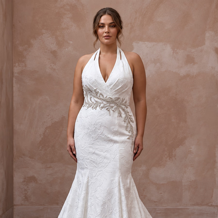 Plus Size White Floral Jacquard V - Neck Trumpet Wedding Gown - Apparel & Accessories > Clothing > Wedding & Bridal Party Dresses > Wedding Dresses - Mignonette Bridal