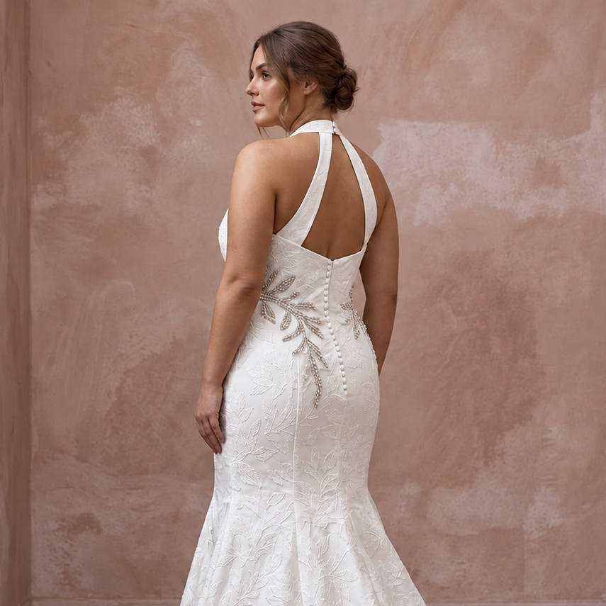 Plus Size White Floral Jacquard V - Neck Trumpet Wedding Gown - Apparel & Accessories > Clothing > Wedding & Bridal Party Dresses > Wedding Dresses - Mignonette Bridal
