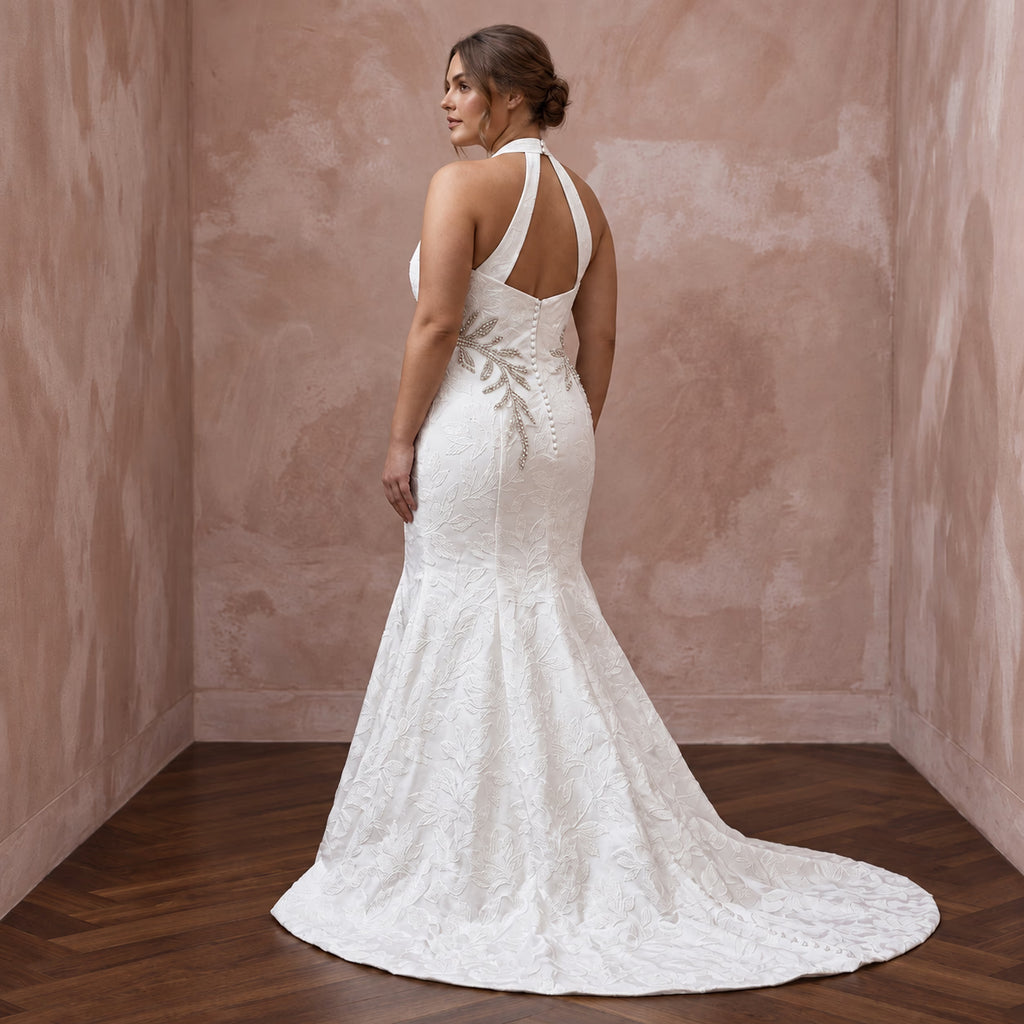 Plus Size White Floral Jacquard V - Neck Trumpet Wedding Gown - Apparel & Accessories > Clothing > Wedding & Bridal Party Dresses > Wedding Dresses - Mignonette Bridal