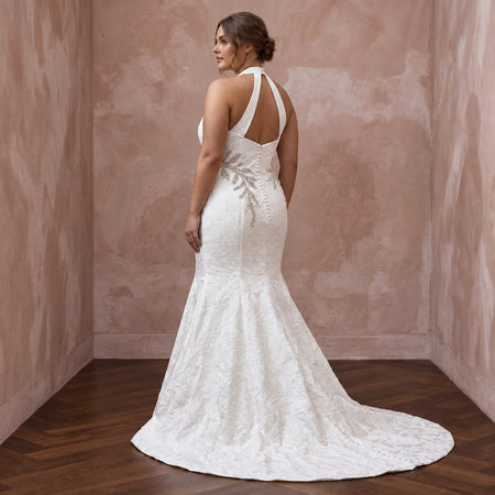 Plus Size White Floral Jacquard V - Neck Trumpet Wedding Gown - Apparel & Accessories > Clothing > Wedding & Bridal Party Dresses > Wedding Dresses - Mignonette Bridal