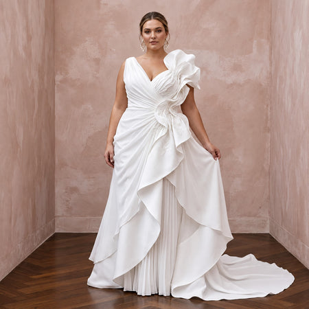 Plus Size White Silk Draped Bodice Asymmetrical Hem Bridal Dress - Apparel & Accessories > Clothing > Wedding & Bridal Party Dresses > Wedding Dresses - Mignonette Bridal