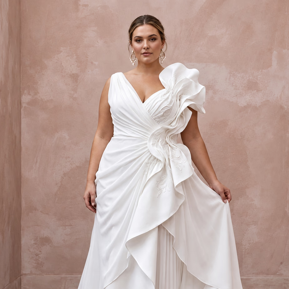 Plus Size White Silk Draped Bodice Asymmetrical Hem Bridal Dress - Apparel & Accessories > Clothing > Wedding & Bridal Party Dresses > Wedding Dresses - Mignonette Bridal