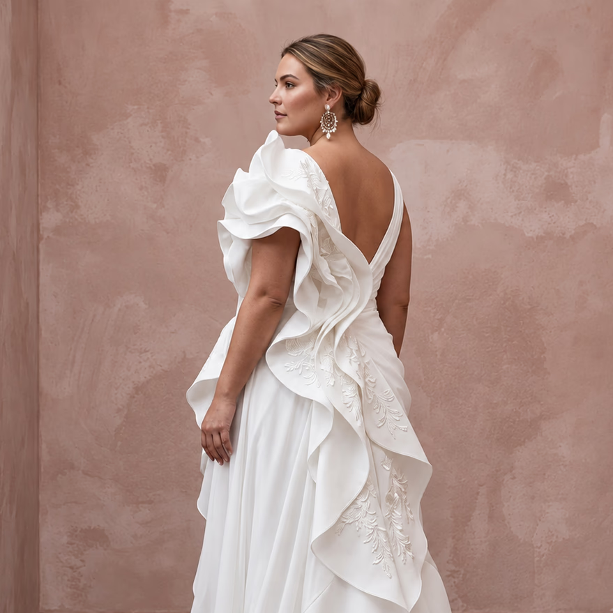 Plus Size White Silk Draped Bodice Asymmetrical Hem Bridal Dress - Apparel & Accessories > Clothing > Wedding & Bridal Party Dresses > Wedding Dresses - Mignonette Bridal