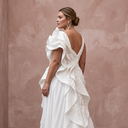 Plus Size White Silk Draped Bodice Asymmetrical Hem Bridal Dress - Apparel & Accessories > Clothing > Wedding & Bridal Party Dresses > Wedding Dresses - Mignonette Bridal