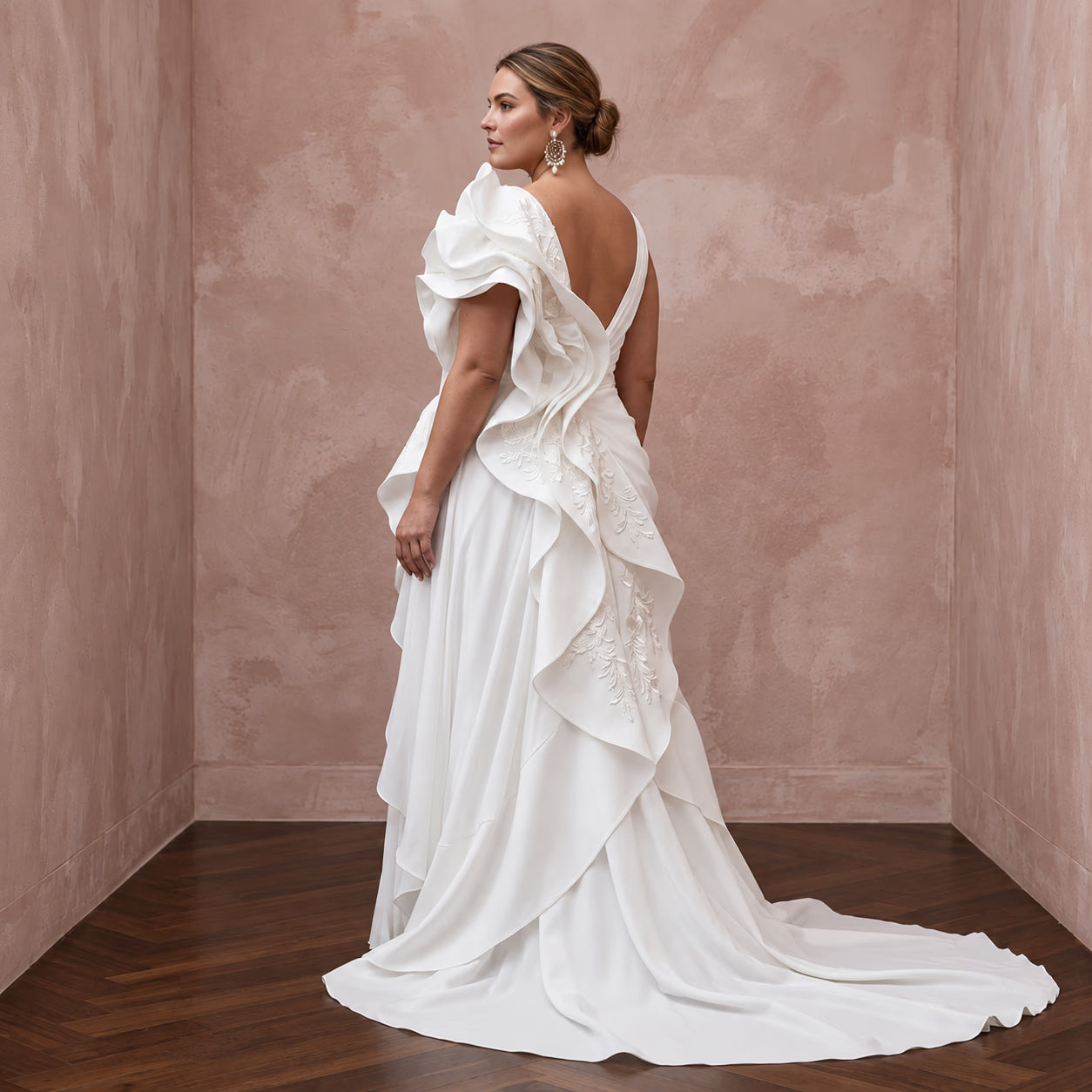 Plus Size White Silk Draped Bodice Asymmetrical Hem Bridal Dress Secondary image