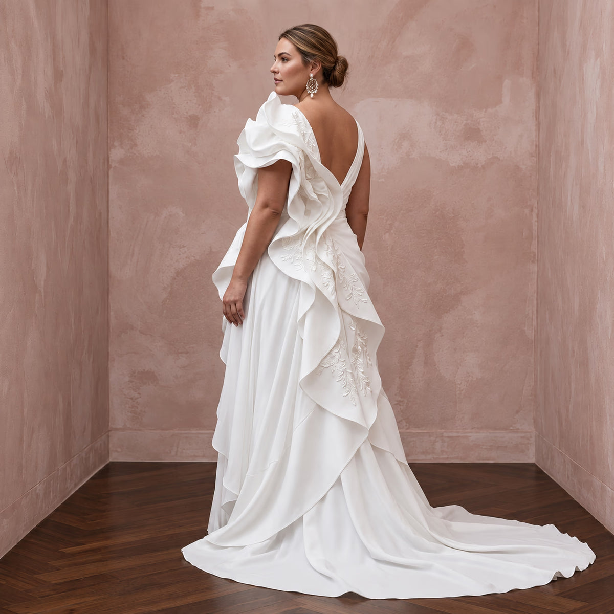 Plus Size White Silk Draped Bodice Asymmetrical Hem Bridal Dress - Apparel & Accessories > Clothing > Wedding & Bridal Party Dresses > Wedding Dresses - Mignonette Bridal