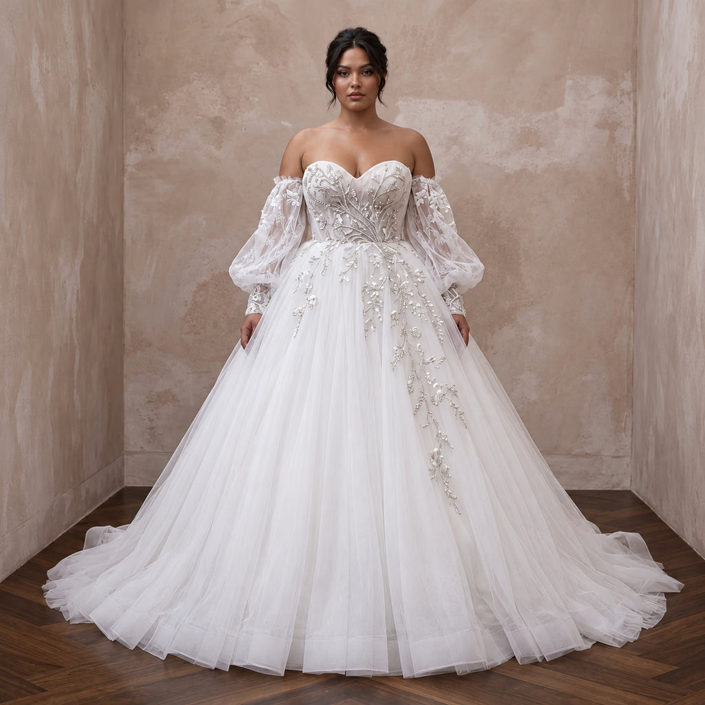 Plus Size White Tulle Sweetheart Neckline Ball Gown with Detachable Sleeves