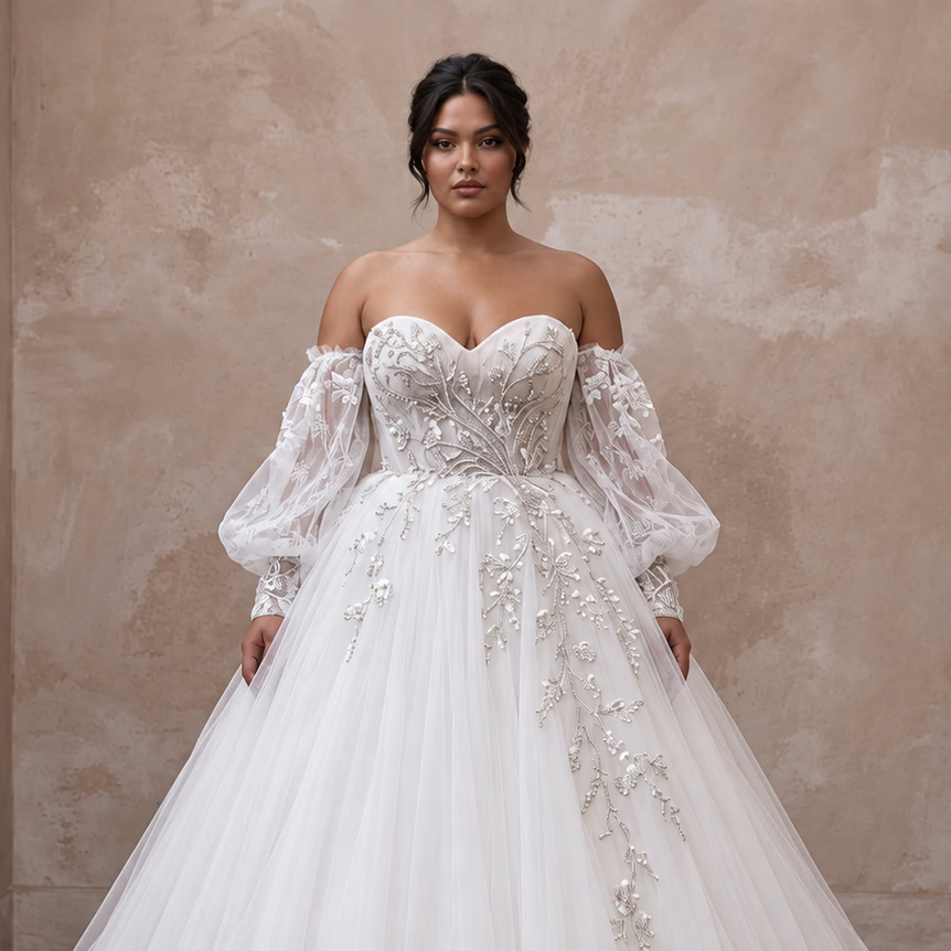 Plus Size White Tulle Sweetheart Neckline Ball Gown with Detachable Sleeves