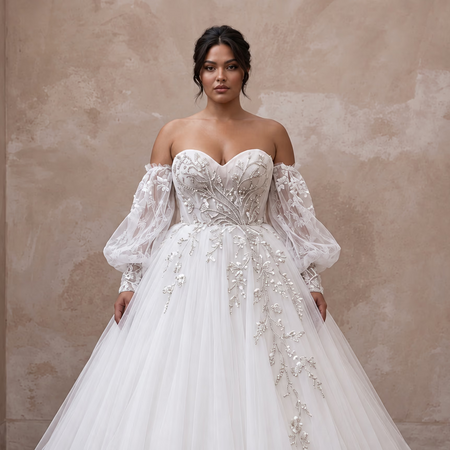 Plus Size White Tulle Sweetheart Neckline Ball Gown with Detachable Sleeves