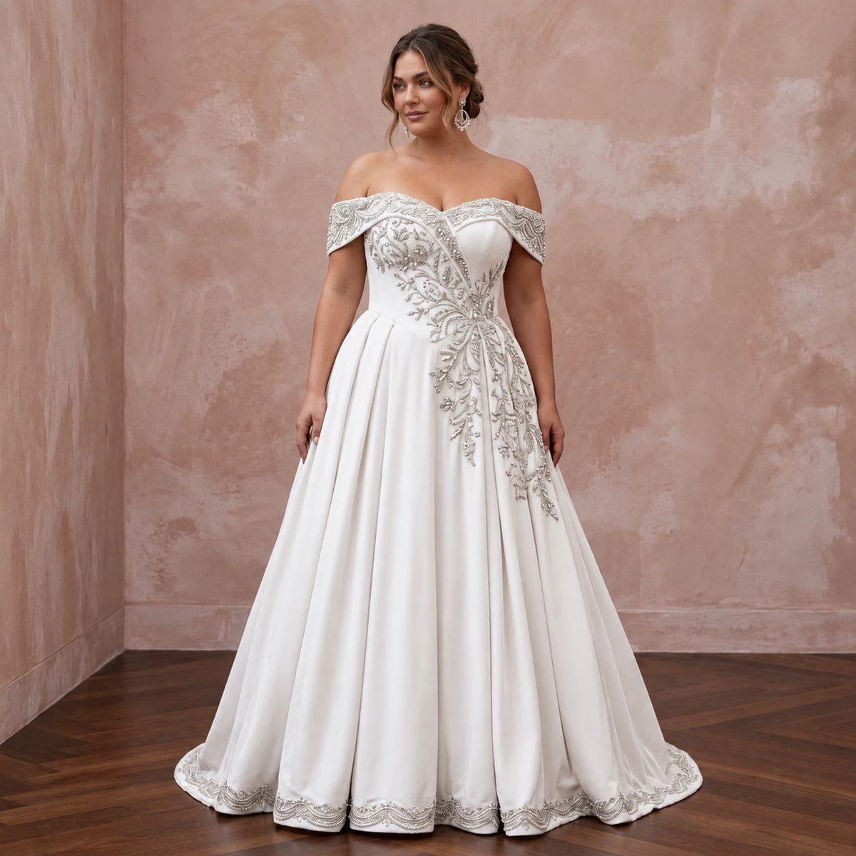 Plus Size White Velvet Off - the - Shoulder Bridal Gown for Winter Vows - Apparel & Accessories > Clothing > Wedding & Bridal Party Dresses > Wedding Dresses - Mignonette Bridal Main image