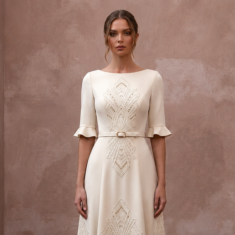 Polished Cream Crepe Tea-Length Dress for City Hall Wedding