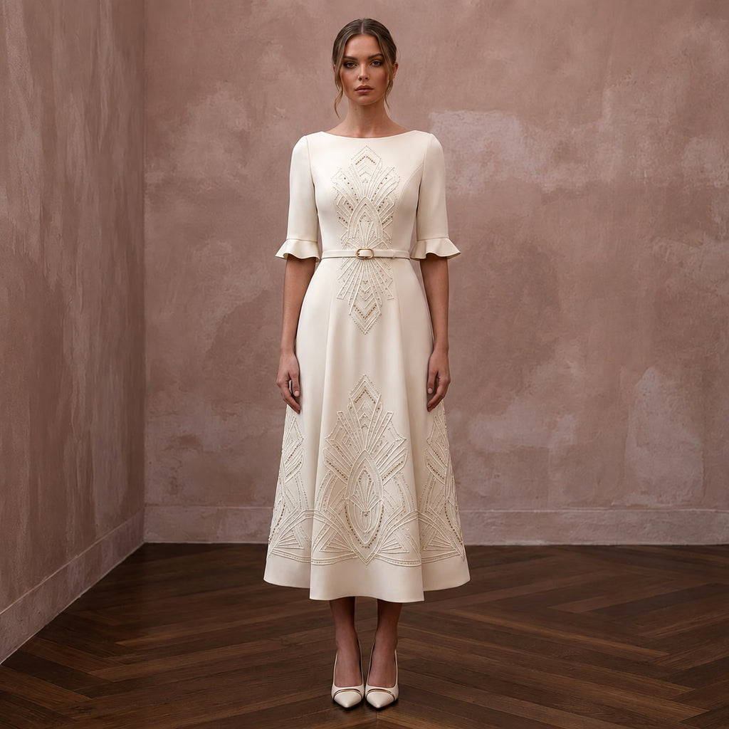 Polished Cream Crepe Tea - Length Dress for City Hall Wedding - Apparel & Accessories > Clothing > Wedding & Bridal Party Dresses > Wedding Dresses - Mignonette Bridal