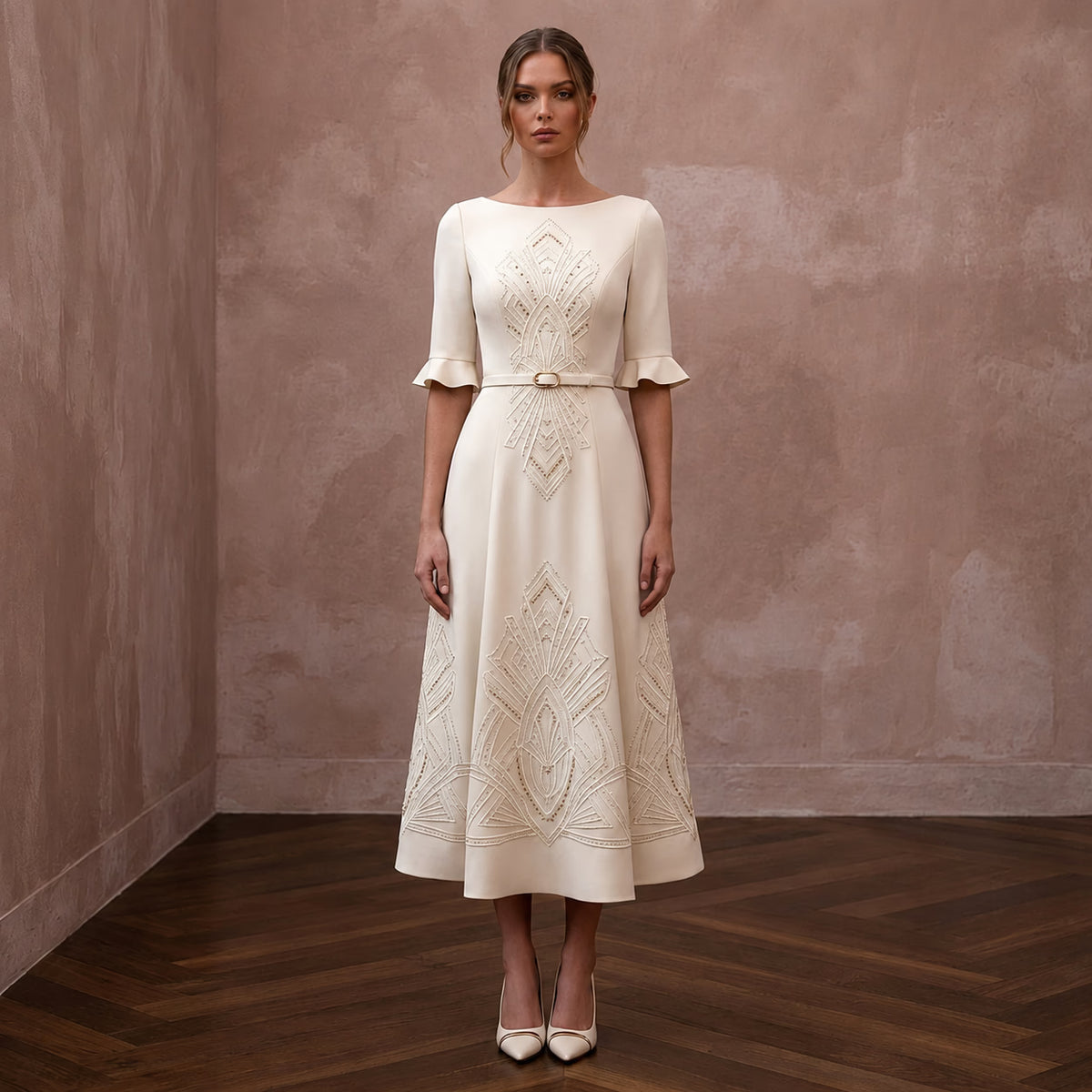 Polished Cream Crepe Tea - Length Dress for City Hall Wedding - Apparel & Accessories > Clothing > Wedding & Bridal Party Dresses > Wedding Dresses - Mignonette Bridal