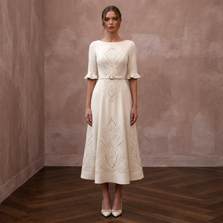 Polished Cream Crepe Tea - Length Dress for City Hall Wedding - Apparel & Accessories > Clothing > Wedding & Bridal Party Dresses > Wedding Dresses - Mignonette Bridal