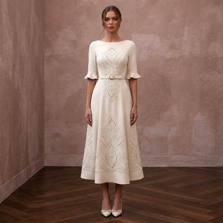 Polished Cream Crepe Tea-Length Dress for City Hall Wedding