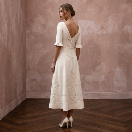 Polished Cream Crepe Tea - Length Dress for City Hall Wedding - Apparel & Accessories > Clothing > Wedding & Bridal Party Dresses > Wedding Dresses - Mignonette Bridal