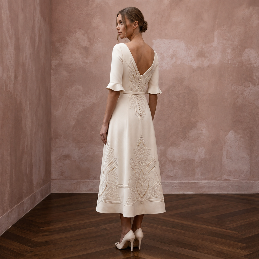 Polished Cream Crepe Tea-Length Dress for City Hall Wedding
