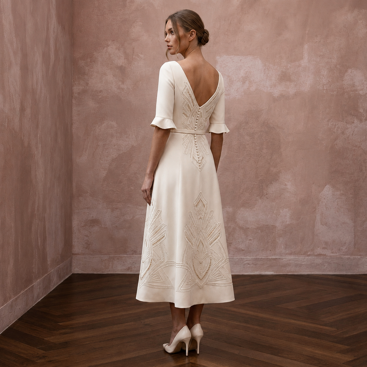 Polished Cream Crepe Tea-Length Dress for City Hall Wedding