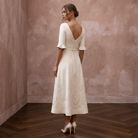 Polished Cream Crepe Tea-Length Dress for City Hall Wedding