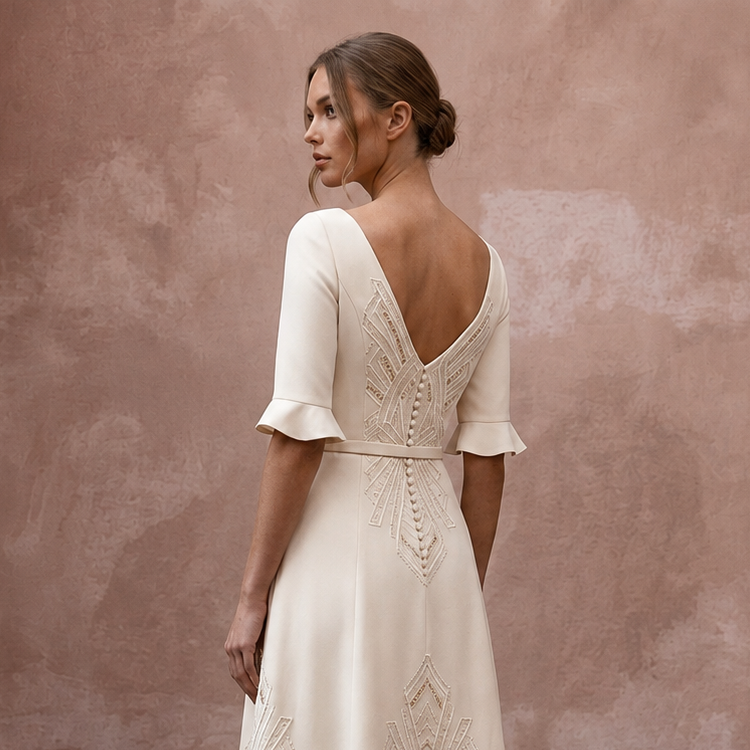 Polished Cream Crepe Tea-Length Dress for City Hall Wedding