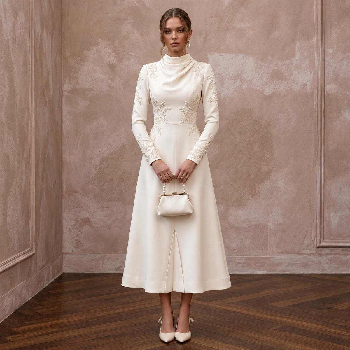 Polished Cream Crepe Tea-Length Wedding Gown for City Hall Wedding