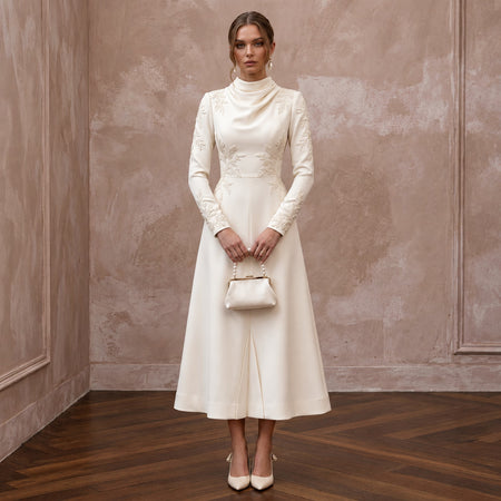 Polished Cream Crepe Tea-Length Wedding Gown for City Hall Wedding