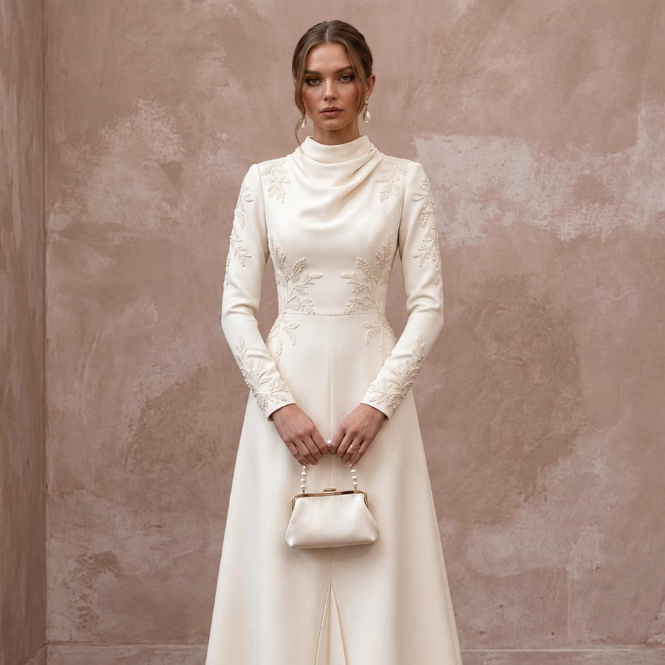 Polished Cream Crepe Tea-Length Wedding Gown for City Hall Wedding