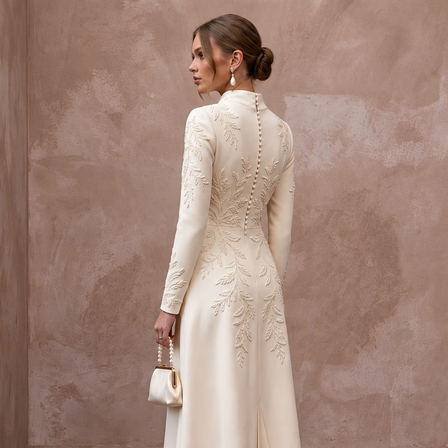 Polished Cream Crepe Tea-Length Wedding Gown for City Hall Wedding