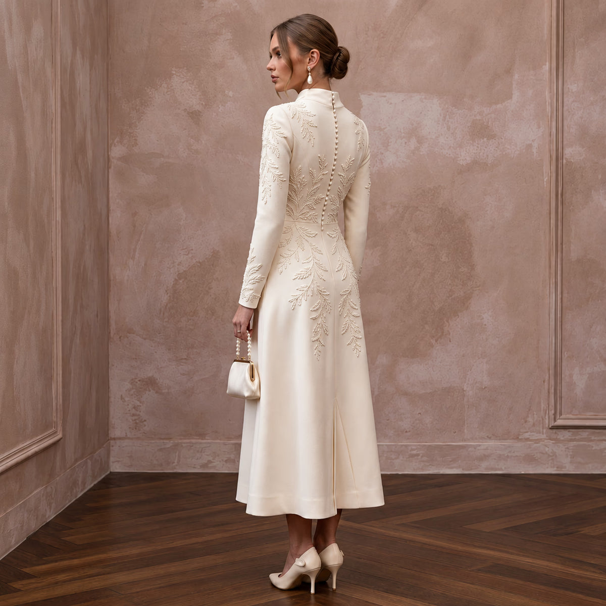 Polished Cream Crepe Tea-Length Wedding Gown for City Hall Wedding