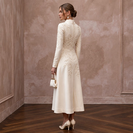 Polished Cream Crepe Tea-Length Wedding Gown for City Hall Wedding