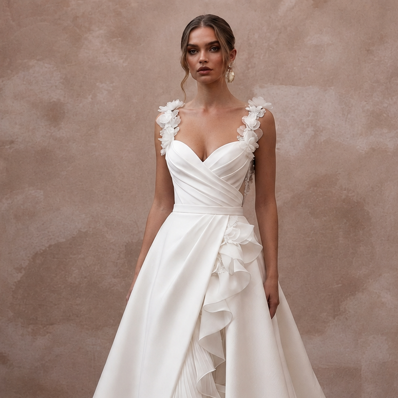 Premium Wedding Dresses with Silk, Organza, and Crepe Details