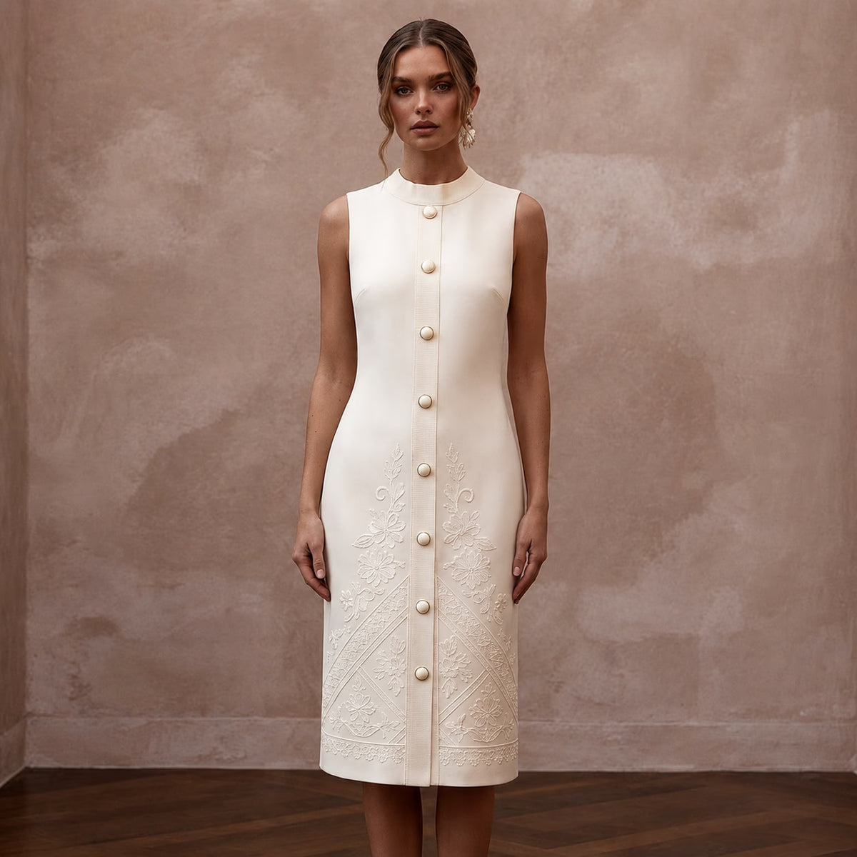 Preppy Cream Jersey Shift Dress for Rehearsal Luncheon - Apparel & Accessories > Clothing > Wedding & Bridal Party Dresses > Wedding Dresses - Mignonette Bridal Main image