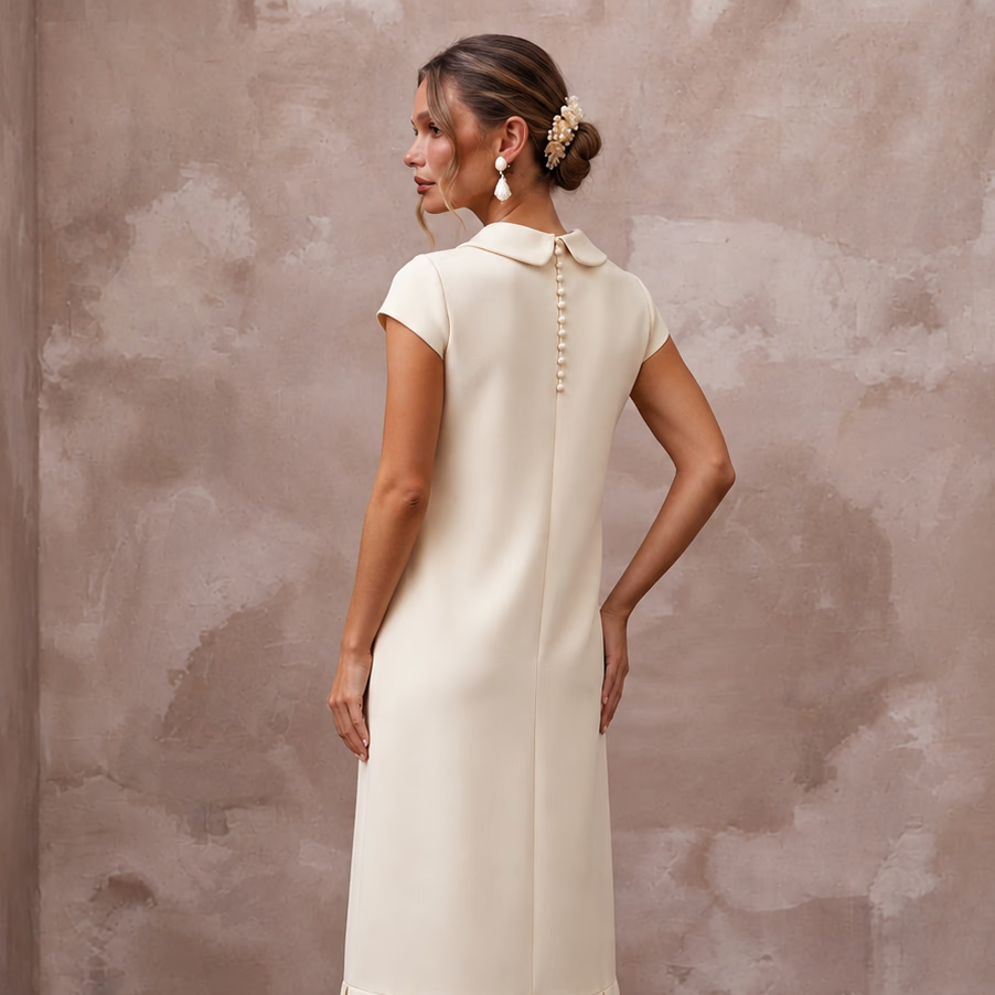 Preppy Cream Jersey Shift Wedding Dress for Rehearsal Luncheon